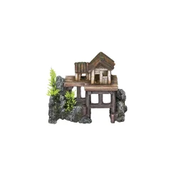 Aqua Ornaments Holzhaus mit Pflanzen 15,5 x 8 x 12 cm^