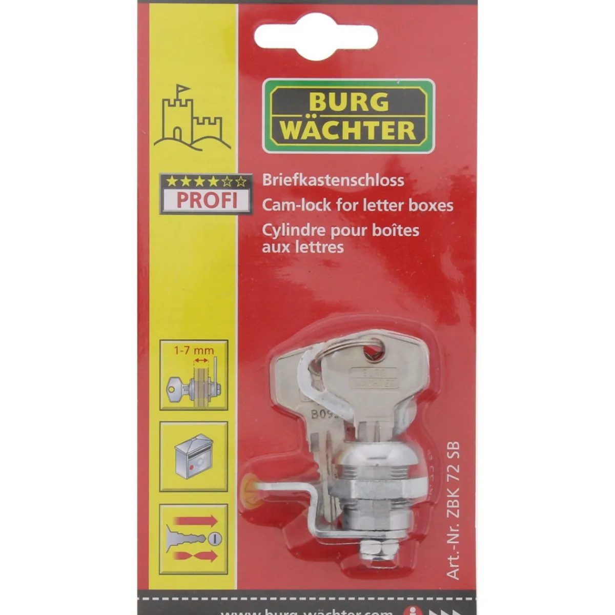 Briefkasten-Zylinder ZBK 72 für Rombi und Knobloch vernickelt^Burg Wächter Hot