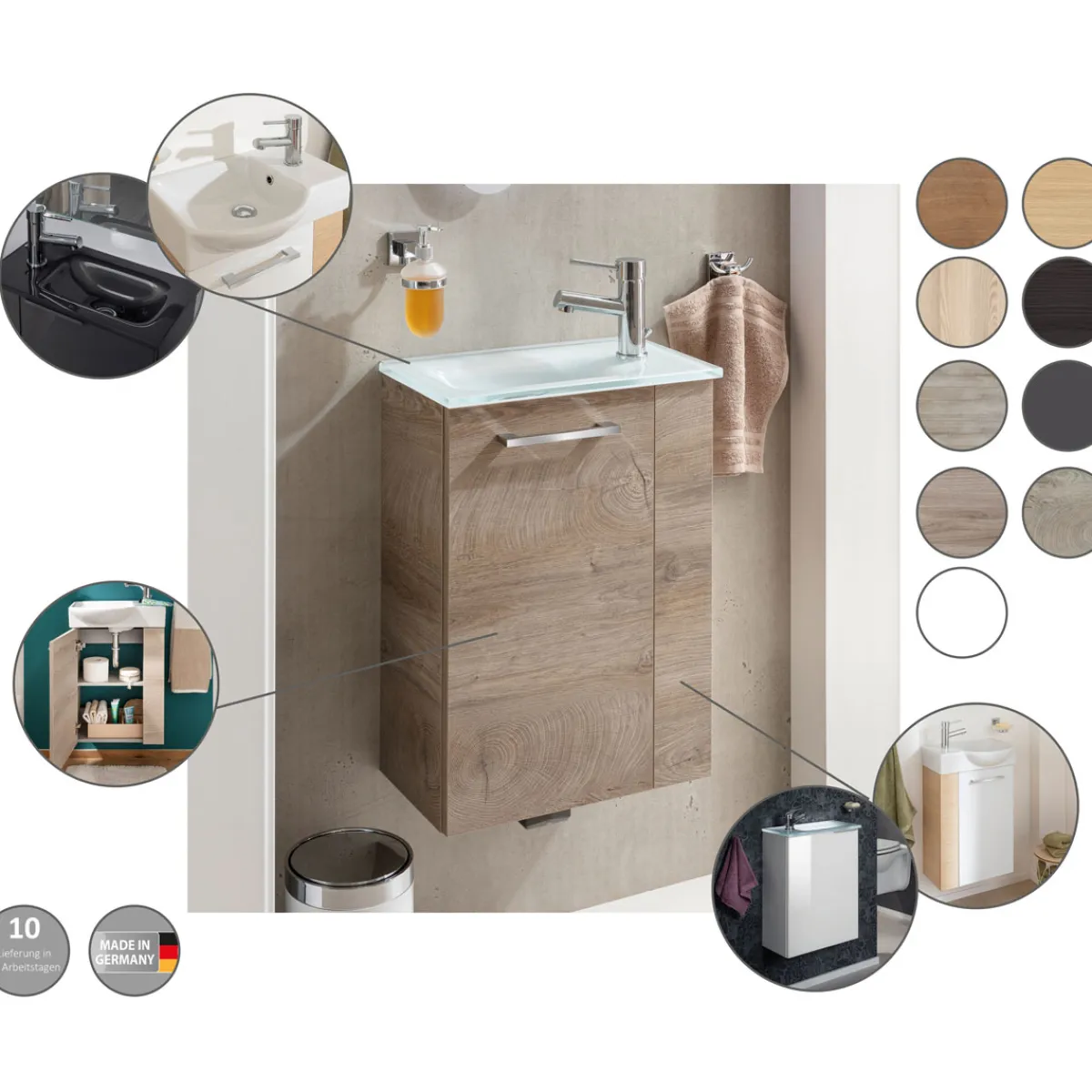 Fackelmann Gäste-WC Waschtischunterschrank rechts SBC 440 x 600 x 243 mm Alaska-Esche/Weiß
