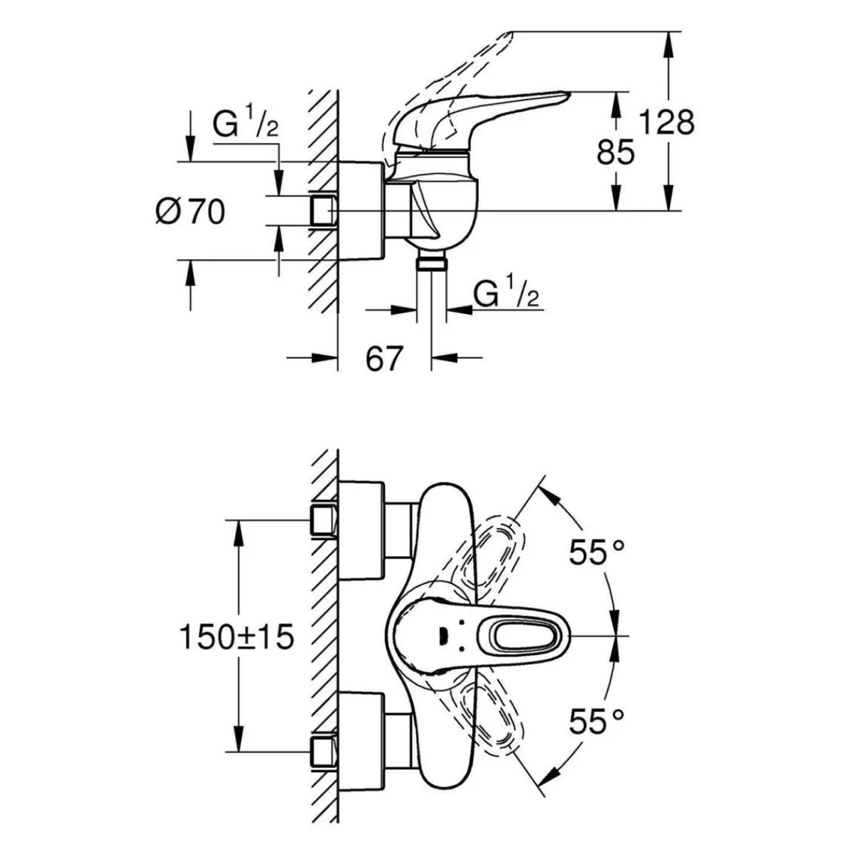 Einhand-Brausebatterie Eurostyle S-Size Hebel offen^Grohe Hot