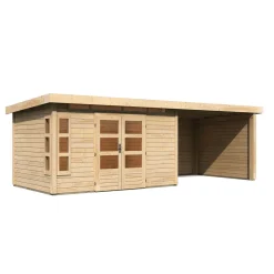 Blockbohlenhaus Kastorf 6 naturbelassen mit Anbaudach und Seiten*Karibu Outlet