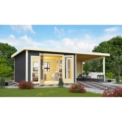 Blockbohlenhaus Radeburg 2 terragrau mit Anbaudach und Rückwand*Karibu Outlet