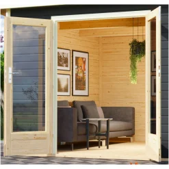 Blockbohlenhaus Radeburg 2 terragrau mit Anbaudach und Rückwand*Karibu Outlet