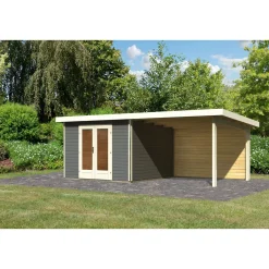 Blockbohlenhaus Radeburg 1 terragrau mit Anbaudach und Rückwand*Karibu Clearance