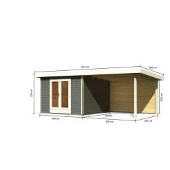 Blockbohlenhaus Radeburg 1 terragrau mit Anbaudach und Rückwand*Karibu Clearance