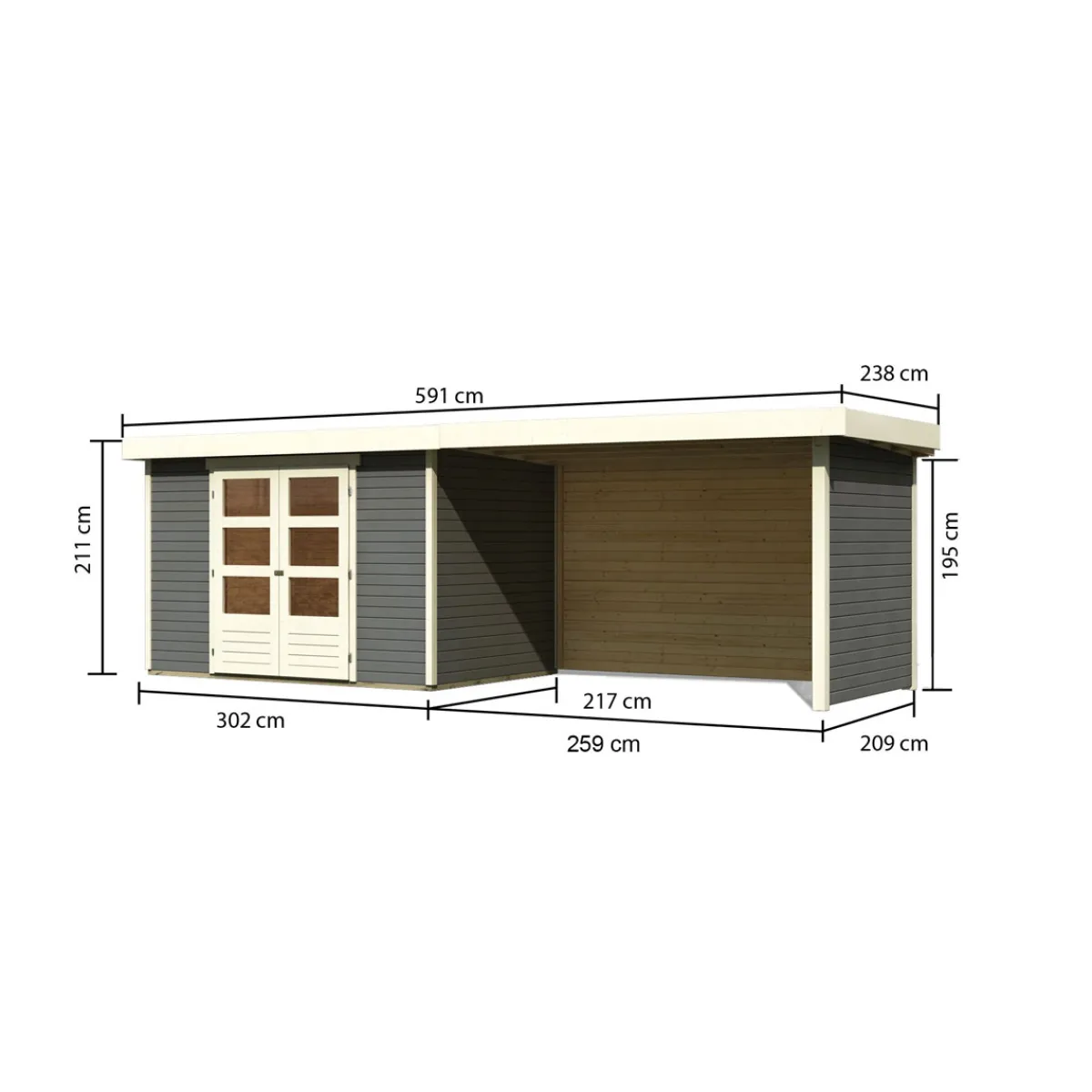 Gartenhaus Askola 4 terragrau mit Anbaudach und Seiten*Karibu Discount