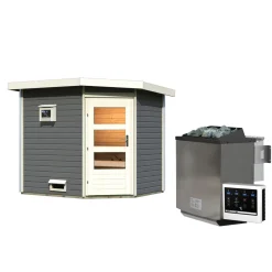 Saunahaus- Set „Mikka“ terragrau mit Ofen 9 kW Bio ext. Steuerung*Karibu New