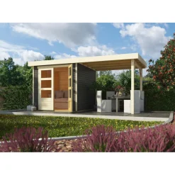 Gartenhaus-Set Askola 2 mit Anbaudach 2,40 m terragrau*Karibu