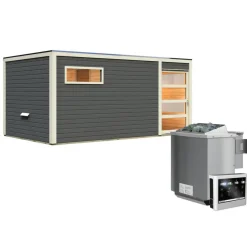 Saunahaus Hygge 38 mm 9 kW Bio Ofen externe Strg Klarglas-Tür terragrau^Karibu Outlet