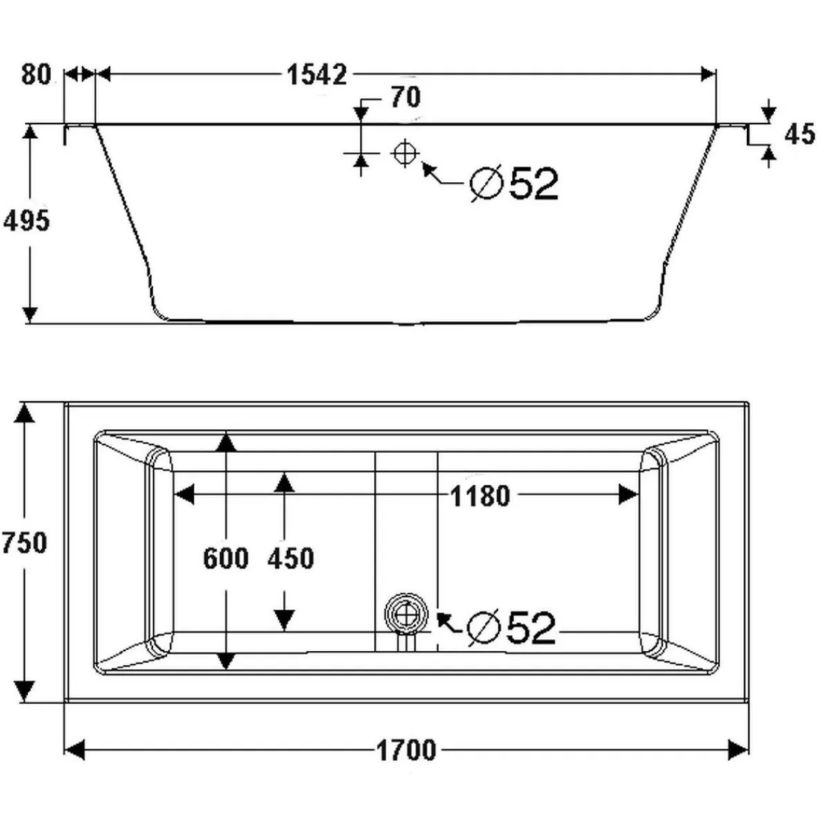 Badewanne Cubic 170x75 cm weiß*Ottofond
