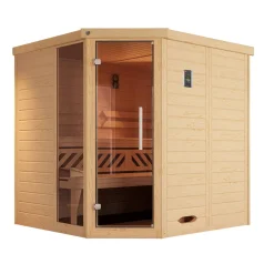 Massivholz-Elementsauna Kemi Eck Größe 2 Sparset 7,5 kW OS^Weka Clearance