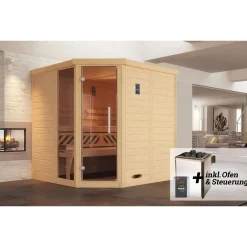 Massivholz-Elementsauna Kemi Eck Größe 2 Sparset 7,5 kW OS^Weka Clearance