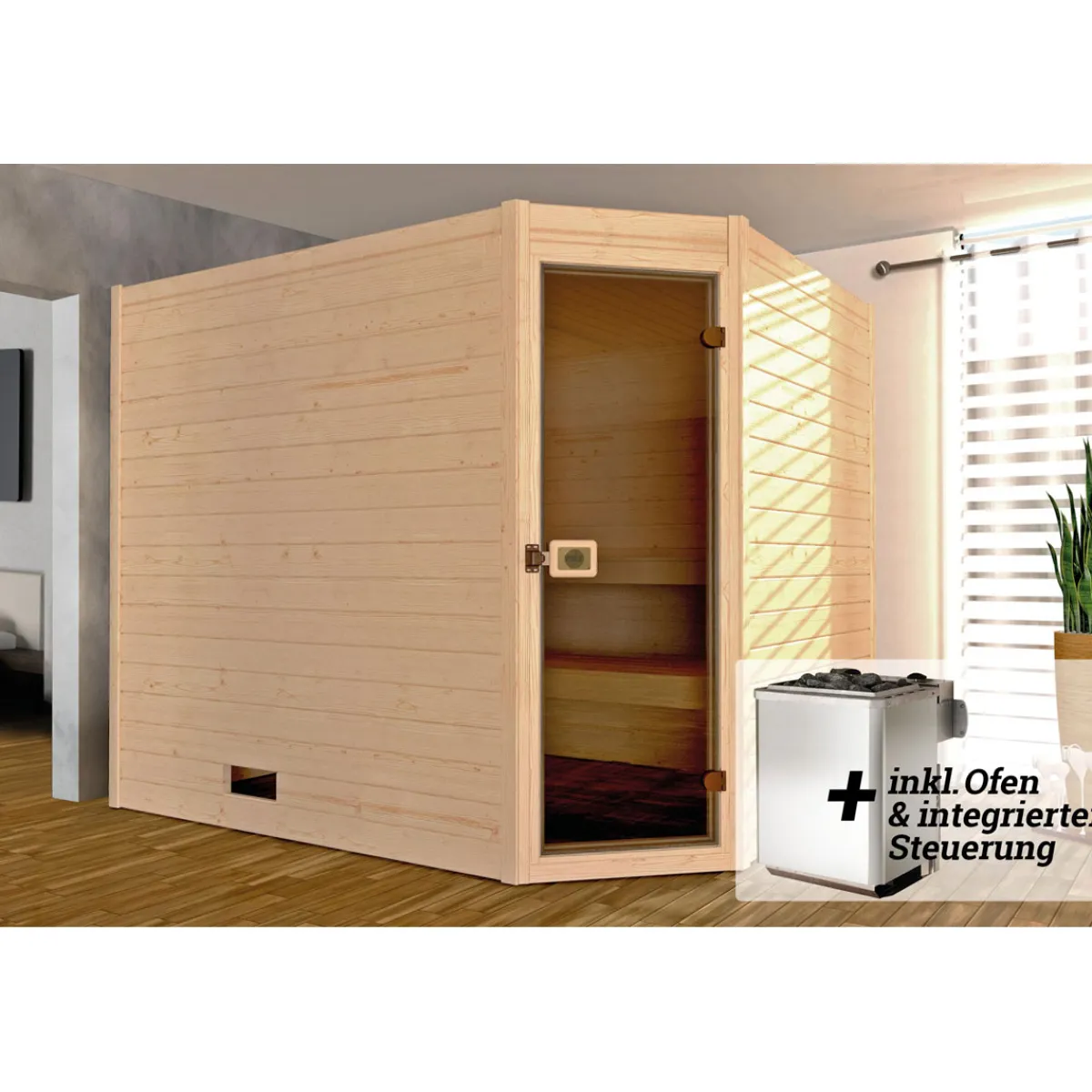 Weka Massivholz-Sauna Valida Größe 2 Sparset 7,5 kW OS Glastuer und Fenster