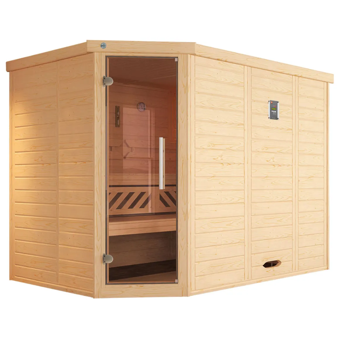 Premium Massivholz-Elementsauna Kemi Größe 2 Sparset 7,5 kW Bio S^Weka Hot