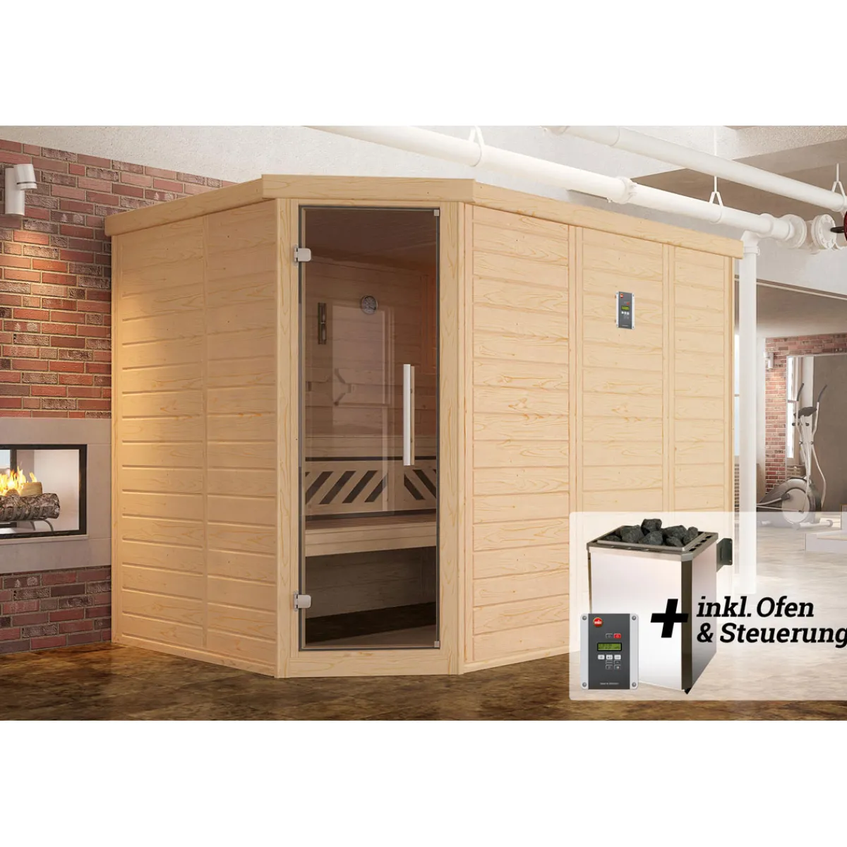 Premium Massivholz-Elementsauna Kemi Größe 2 Sparset 7,5 kW Bio S^Weka Hot