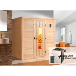 Premium Massivholz-Sauna Bergen Größe 1.8 Sparset 7,5 kW OS^Weka