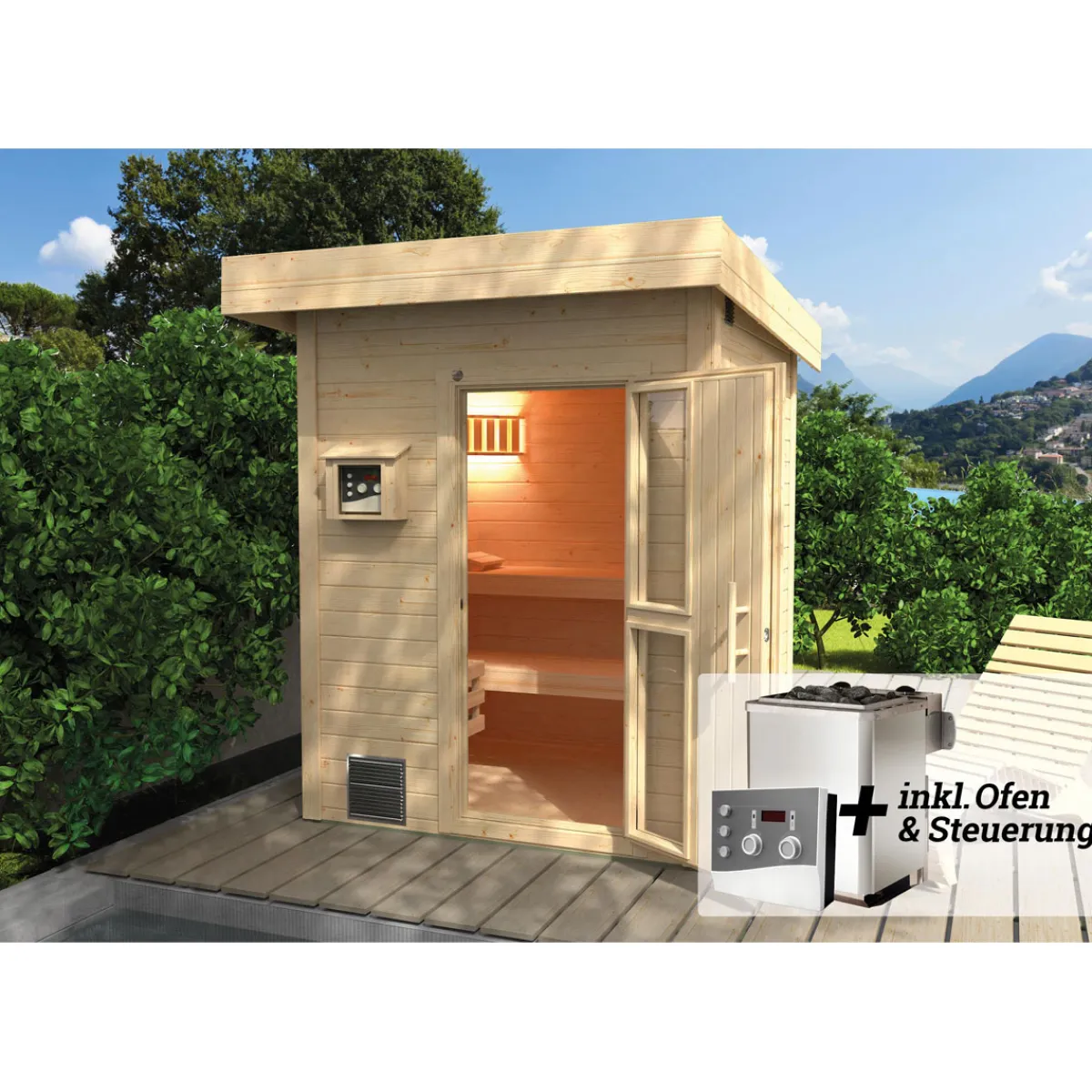 Premium Massivholz-Sauna Bergen Größe 3 Sparset 7,5 OS^Weka Clearance