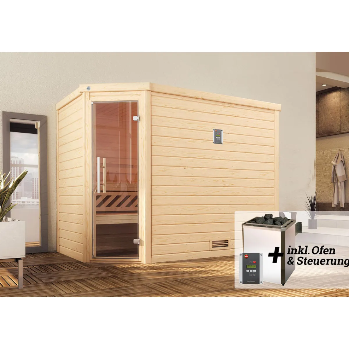 Premium Massivholz-Sauna Turku Größe 3 Sparset 7,5 kW OS Massivholztuer^Weka Best