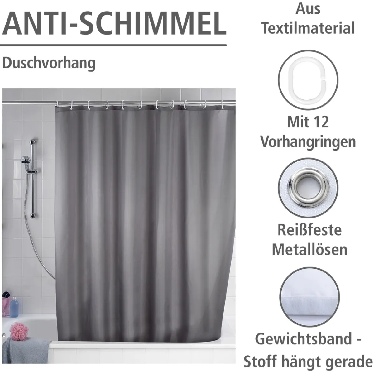 Anti-Schimmel Duschvorhang Uni Grey Textil Polyester 180 x 200 cm waschbar^Wenko Hot