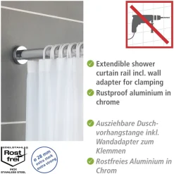 Wenko Teleskop-Duschstange Luz 110 - 185 cm Chrom Ausziehbare Duschvorhangstange aus rostfreiem Edelstahl
